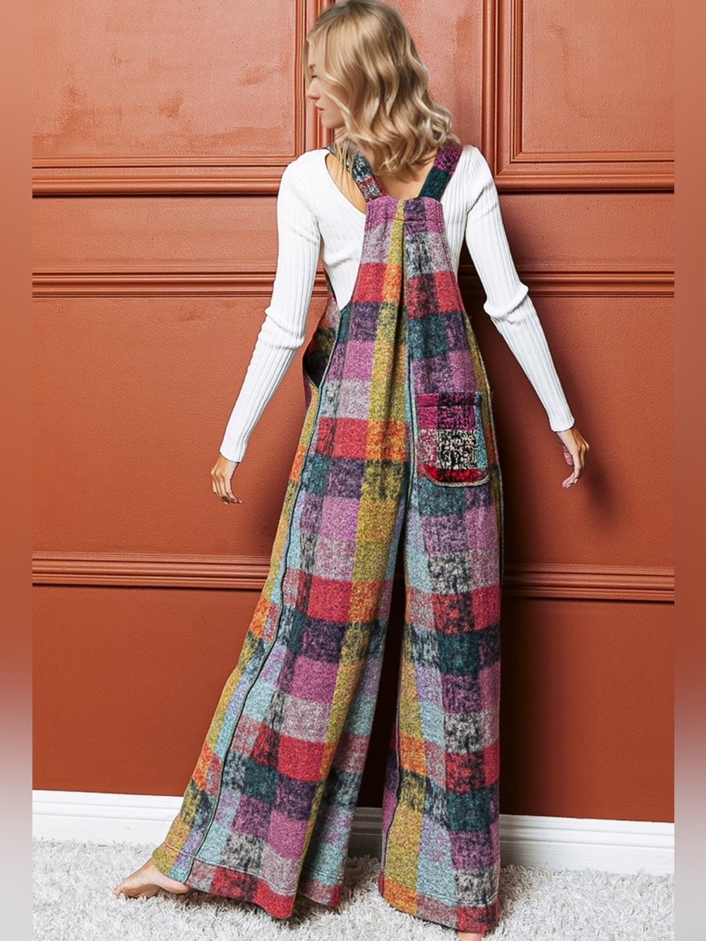VINTAGE BRUSHED MULTI CHECKERED AND PLAID BOHO OVERALLS JUMPSUIT - Picture 4 of 8